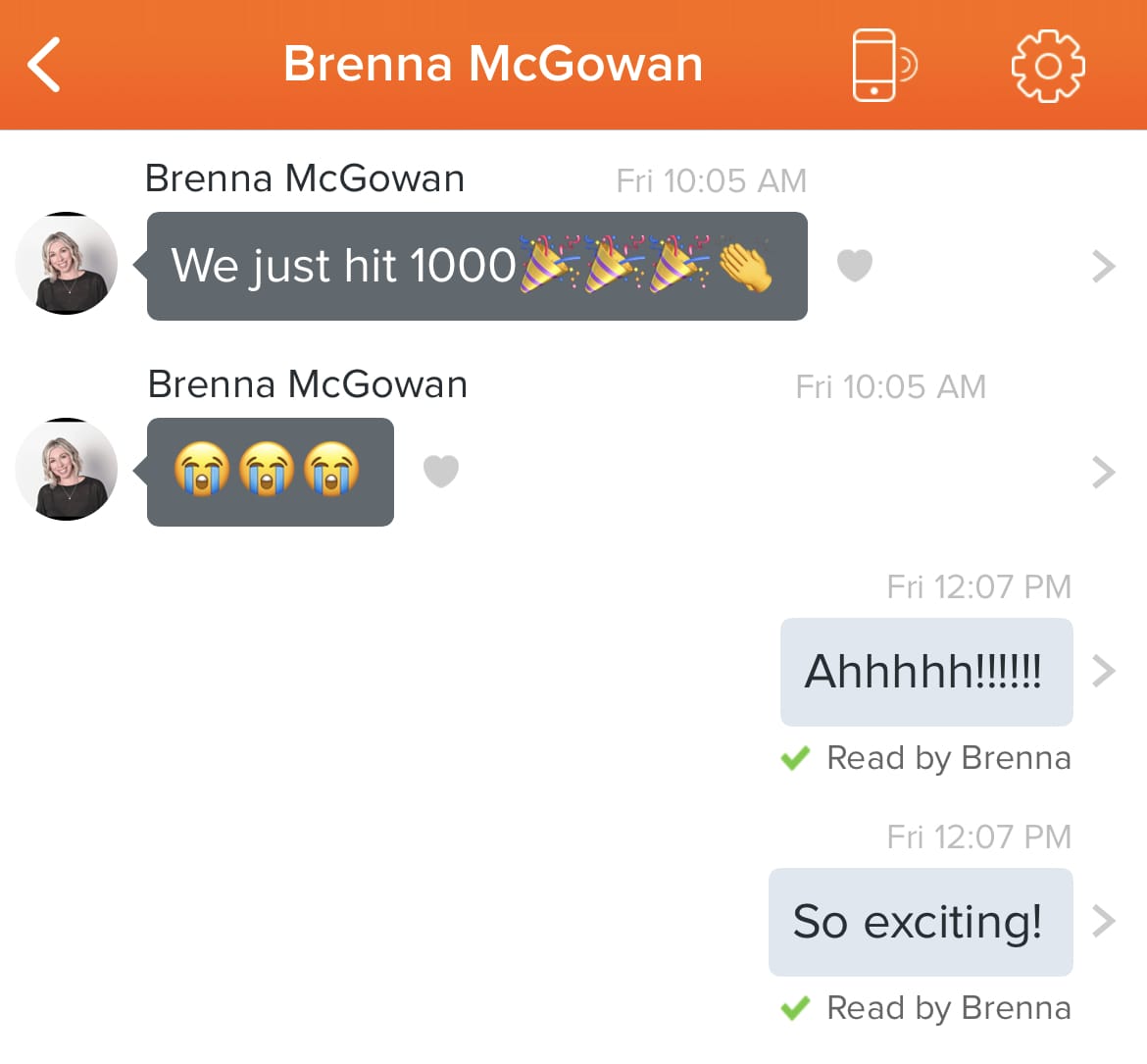 A messaging app screenshot from Brenna McCowan to Marisa Corcoran where Brenna shares "We just hit 1000!" with lots of celebration and happy sobbing emojis. Marisa replied with "Ahhhhhh!!!!! So exciting!"